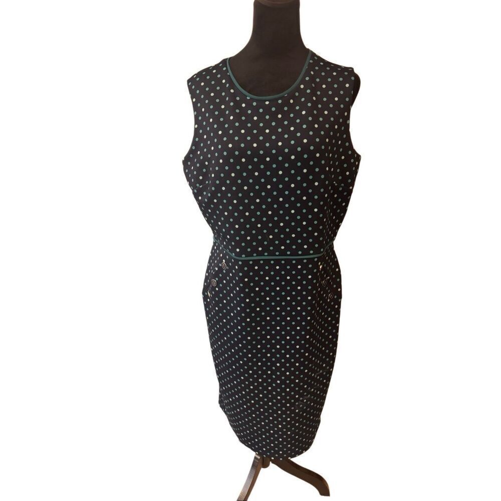 Enfocus Studio Navy Polka Dot Sheath Dress Size 14 Teal Trim Stretch Lined